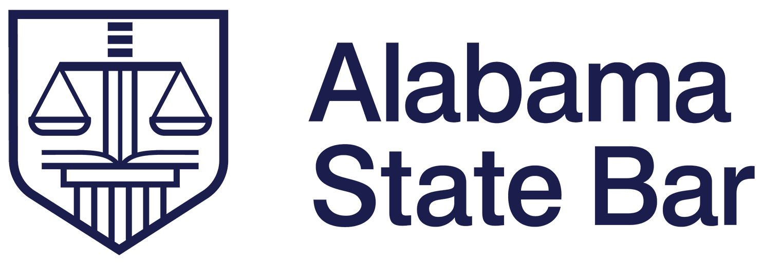 The logo for the alabama state bar has a scale of justice on it.