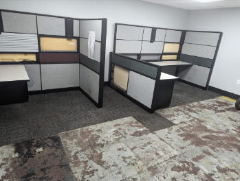 A room with cubicles and a rug on the floor