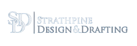 White and grey Strathpine Design & Drafting logo on a dark background