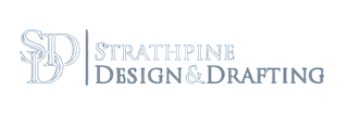 White and grey Strathpine Design & Drafting logo on a dark background