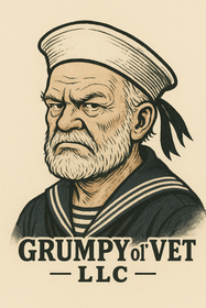 Illustration of a grumpy sailor wearing a hat and striped shirt, logo for "Grumpy Ol' Vet LLC".