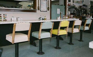 metal bases on fixed bar stools in a diner