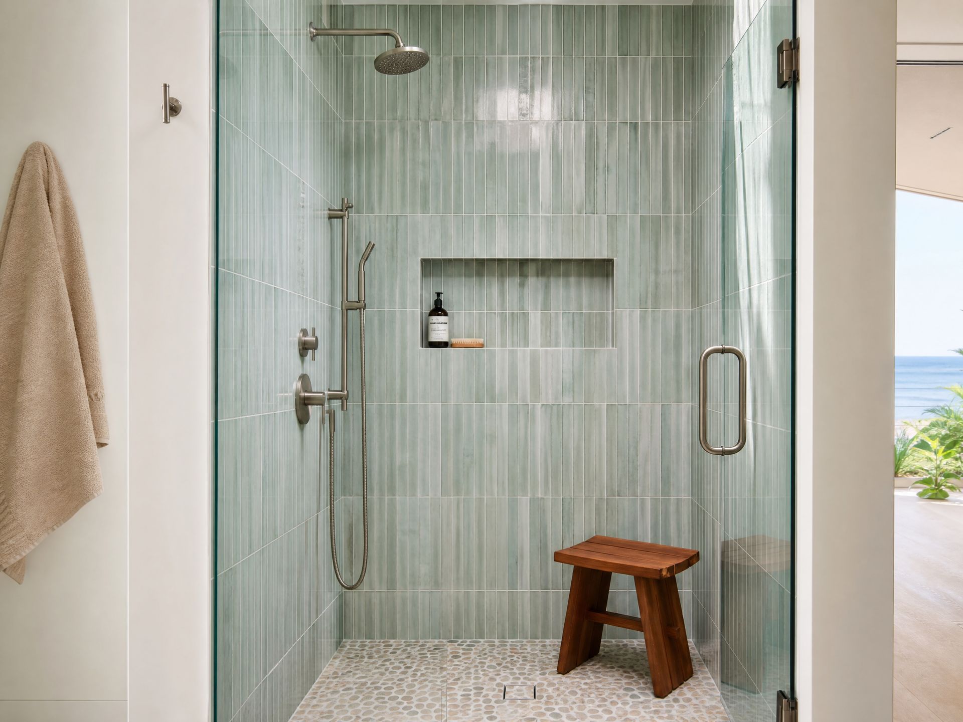 custom teal green tiled shower-modern with clean lines