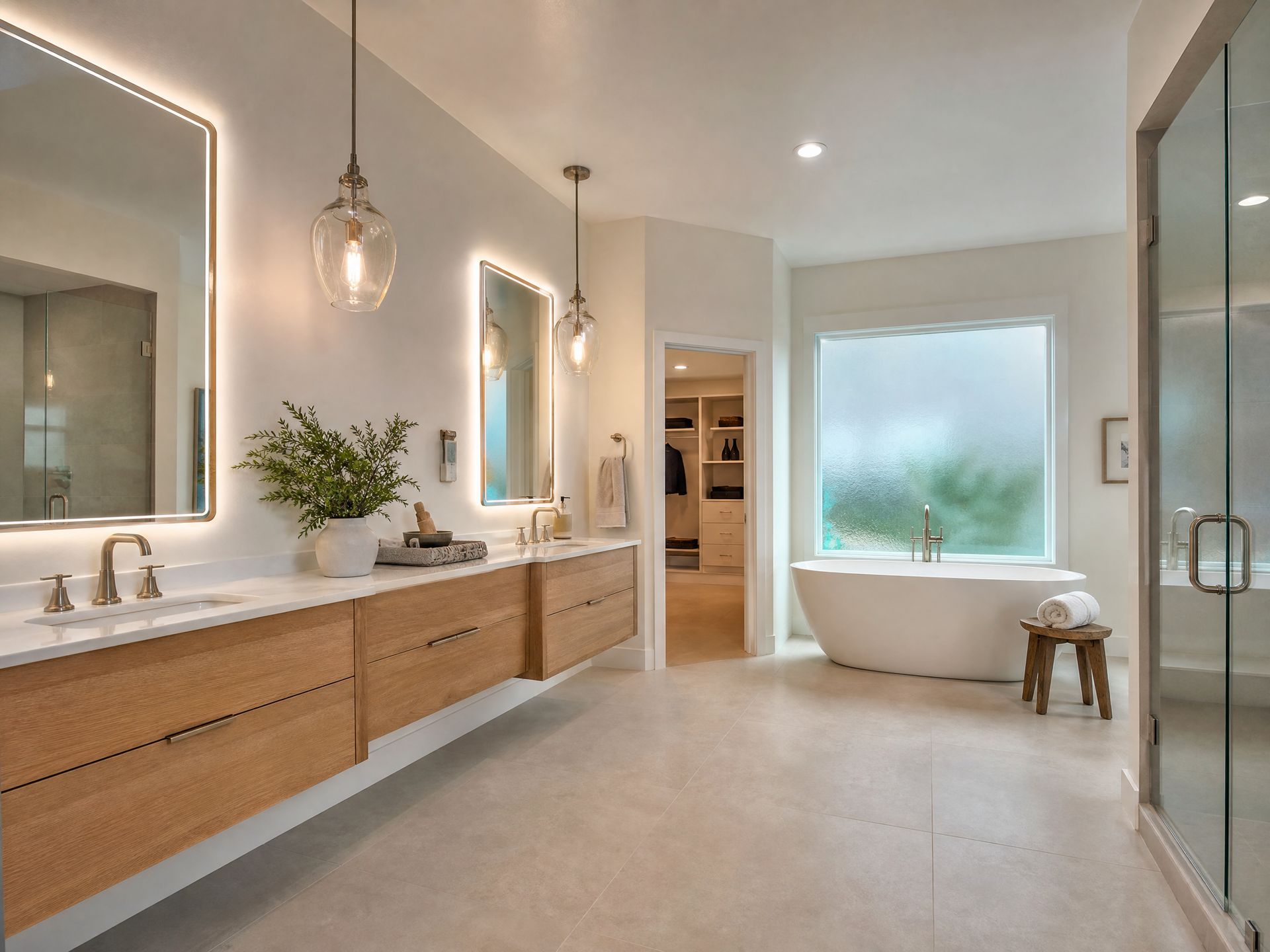 Master bathroom renovation in Rosemead with freestanding tub and double vanity.