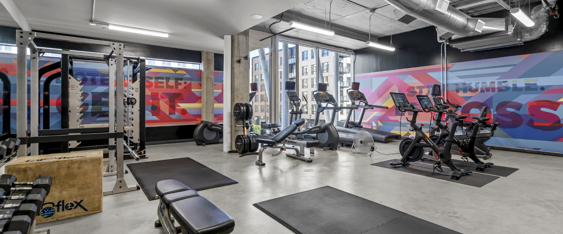 A large gym with a lot of equipment and a mural on the wall.