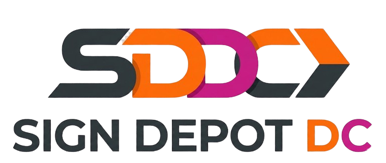 Logo for Sign Depot DC with interlocking SDDC letters in orange, purple, and gray, text below.