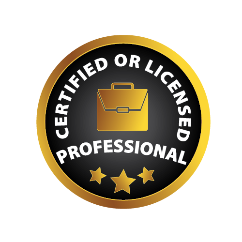 A certified or licensed professional badge with a briefcase in the center