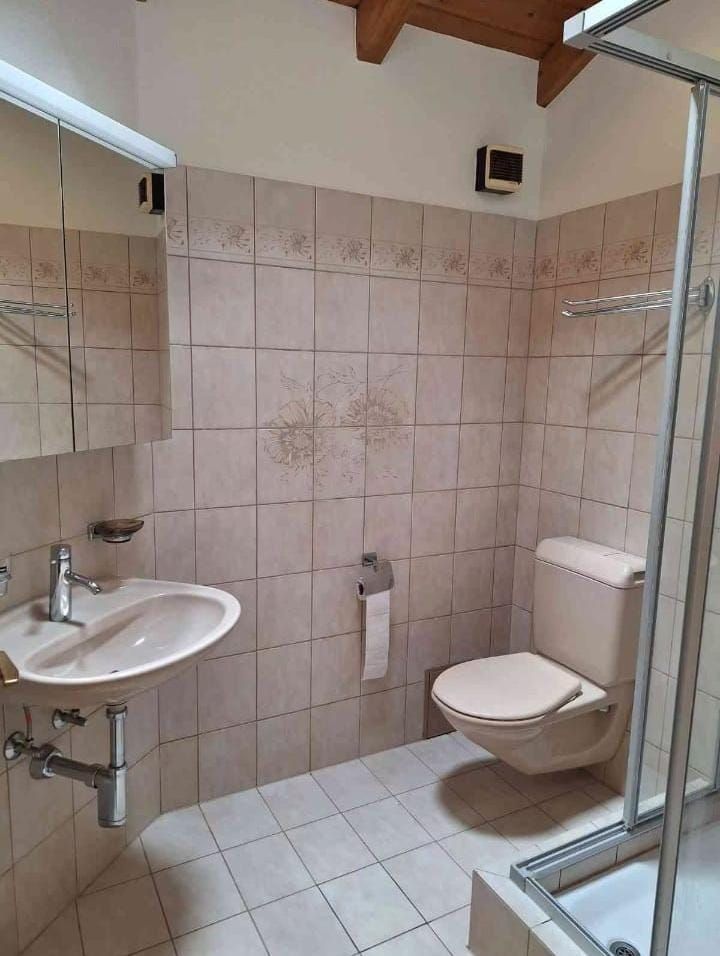 Beige-rötliches Badezimmer mit grossem Spiegel