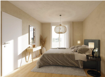 Gemütliches Schlafzimmer in neutralen Farben, mit einem Bett, einer kleinen Kommode, einem Fenster und einer dekorativen Leuchte.