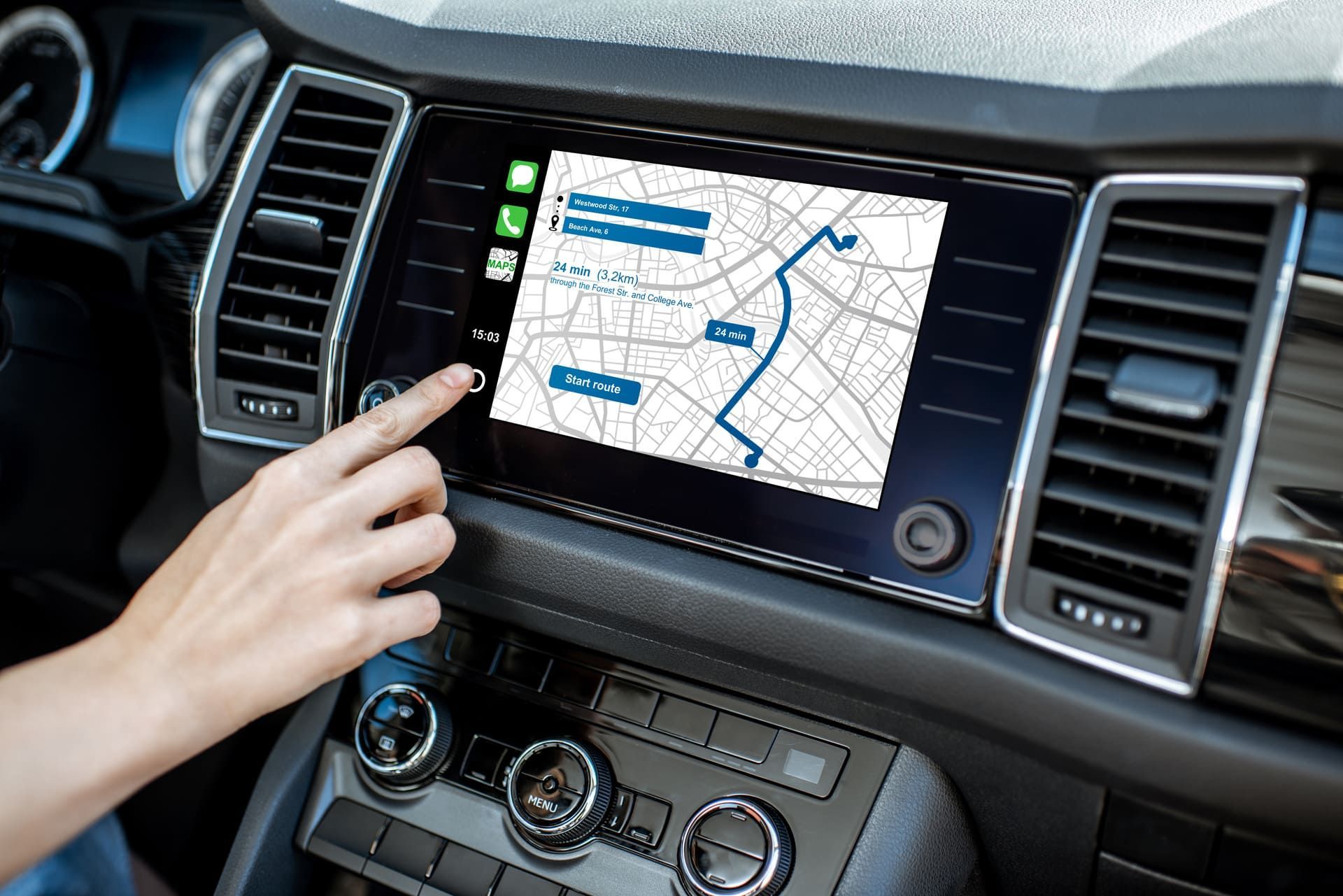 Touching a monitor with navigation map of the modern car, close-up view