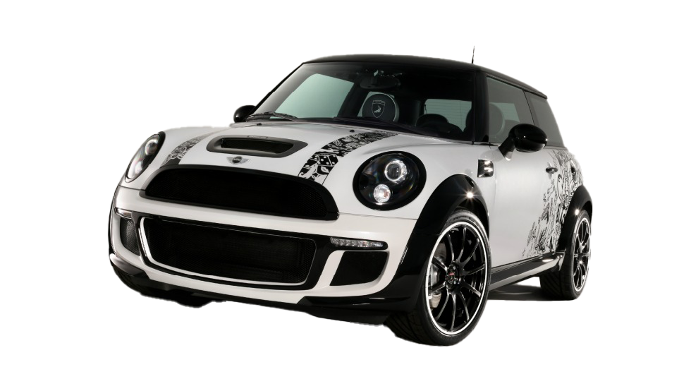 A black and white mini cooper is parked on a white surface.