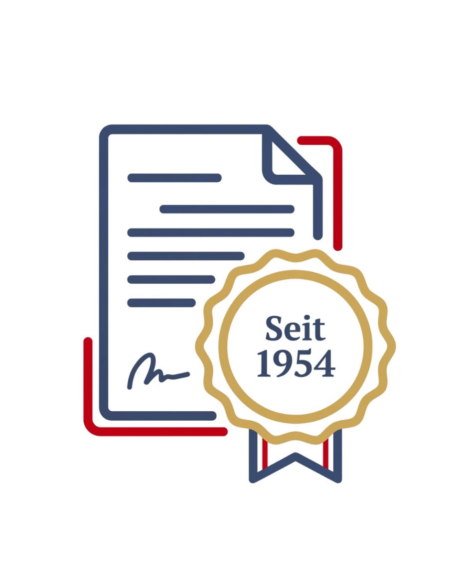 Dokumentensymbol mit roter und blauer Umrandung und einem goldenen Siegel mit der Aufschrift „Sei 1954“