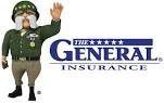 The General Insurance logo with a cartoon general cat figure in military uniform, waving.
