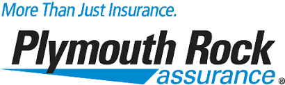 Plymouth Rock Assurance logo. Black text on white with blue accents. Company slogan: 