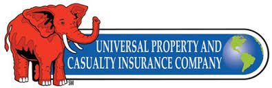 Red elephant next to a blue horizontal bar with text, “Universal Property and Casualty Insurance Company.”