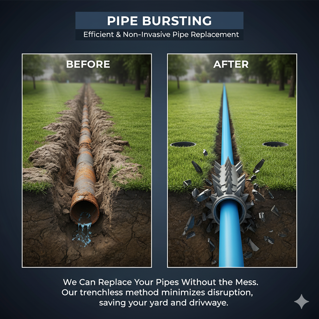 Before/after comparison of pipe bursting. Old rusty pipe vs. new blue pipe in a lawn.