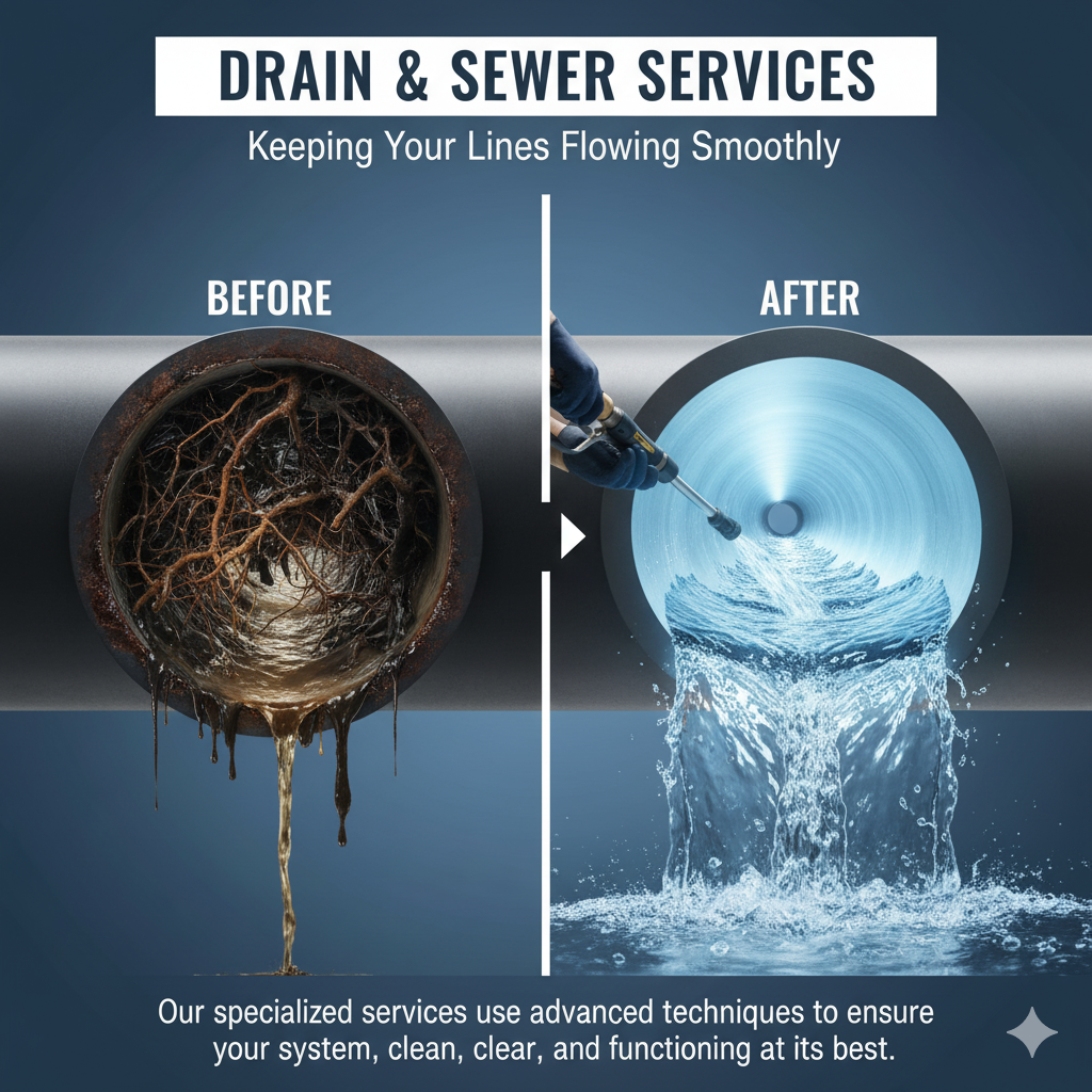 Before and after comparison: a dirty sewer pipe is cleaned to flow smoothly.