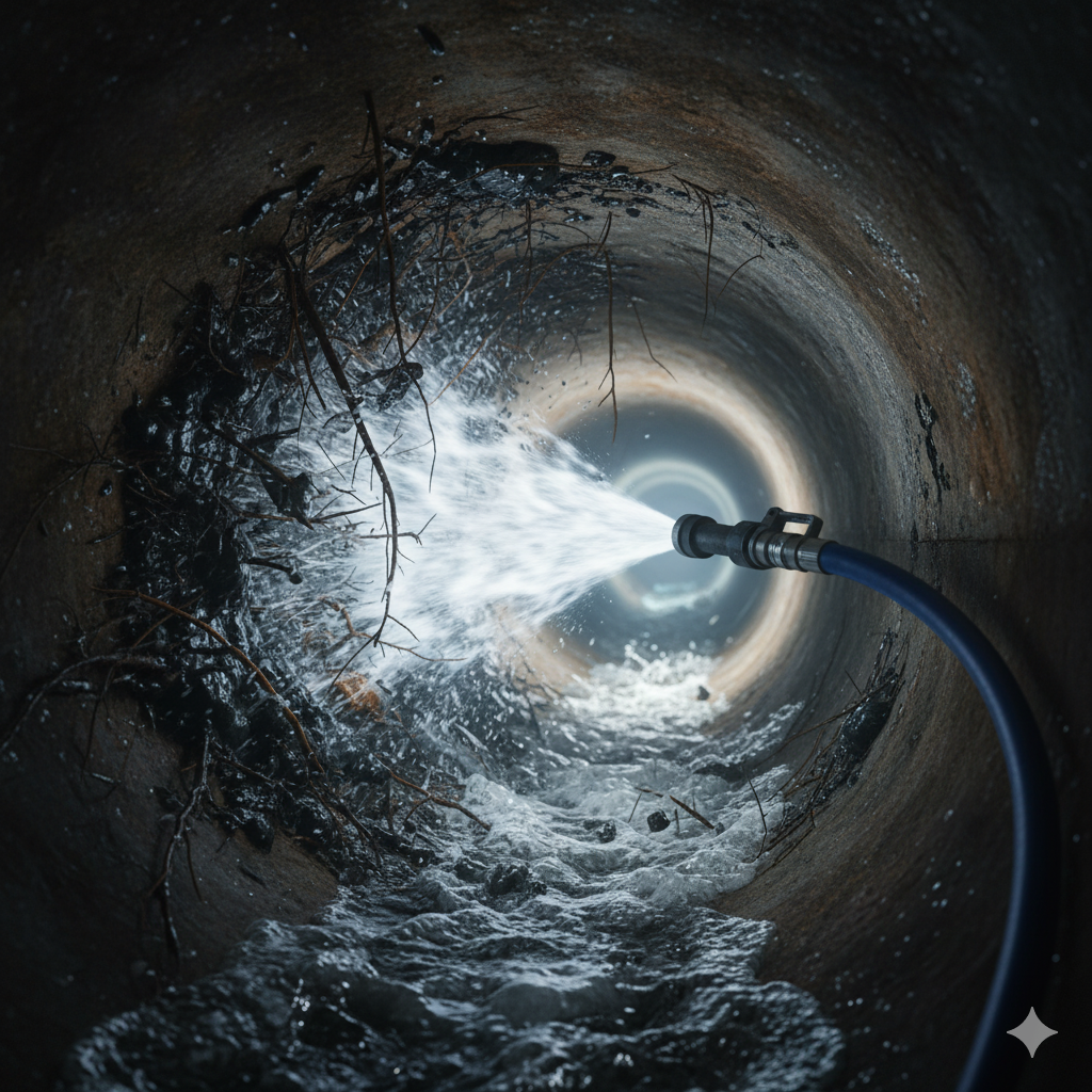 A hose sprays water into a dark, circular tunnel.