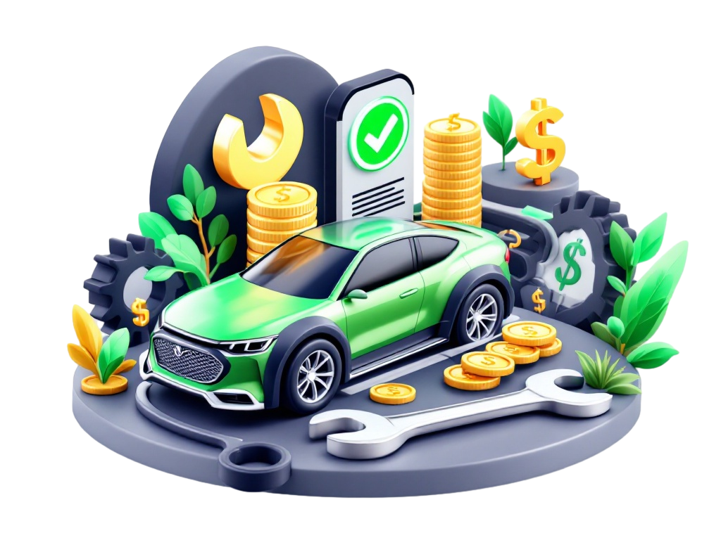 A green car is surrounded by coins and a wrench.