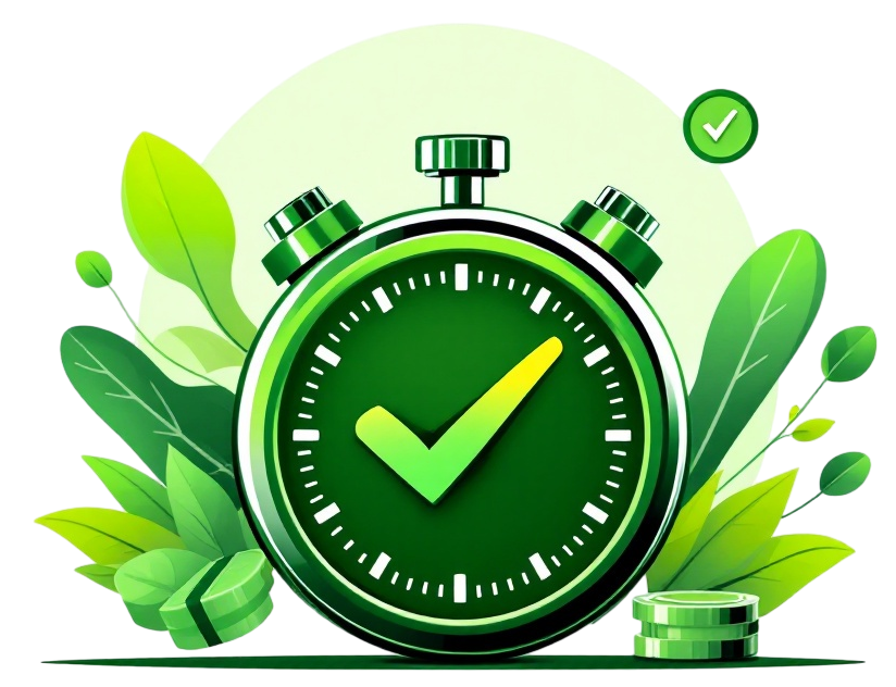 A green stopwatch with a check mark on it is surrounded by green leaves and coins.