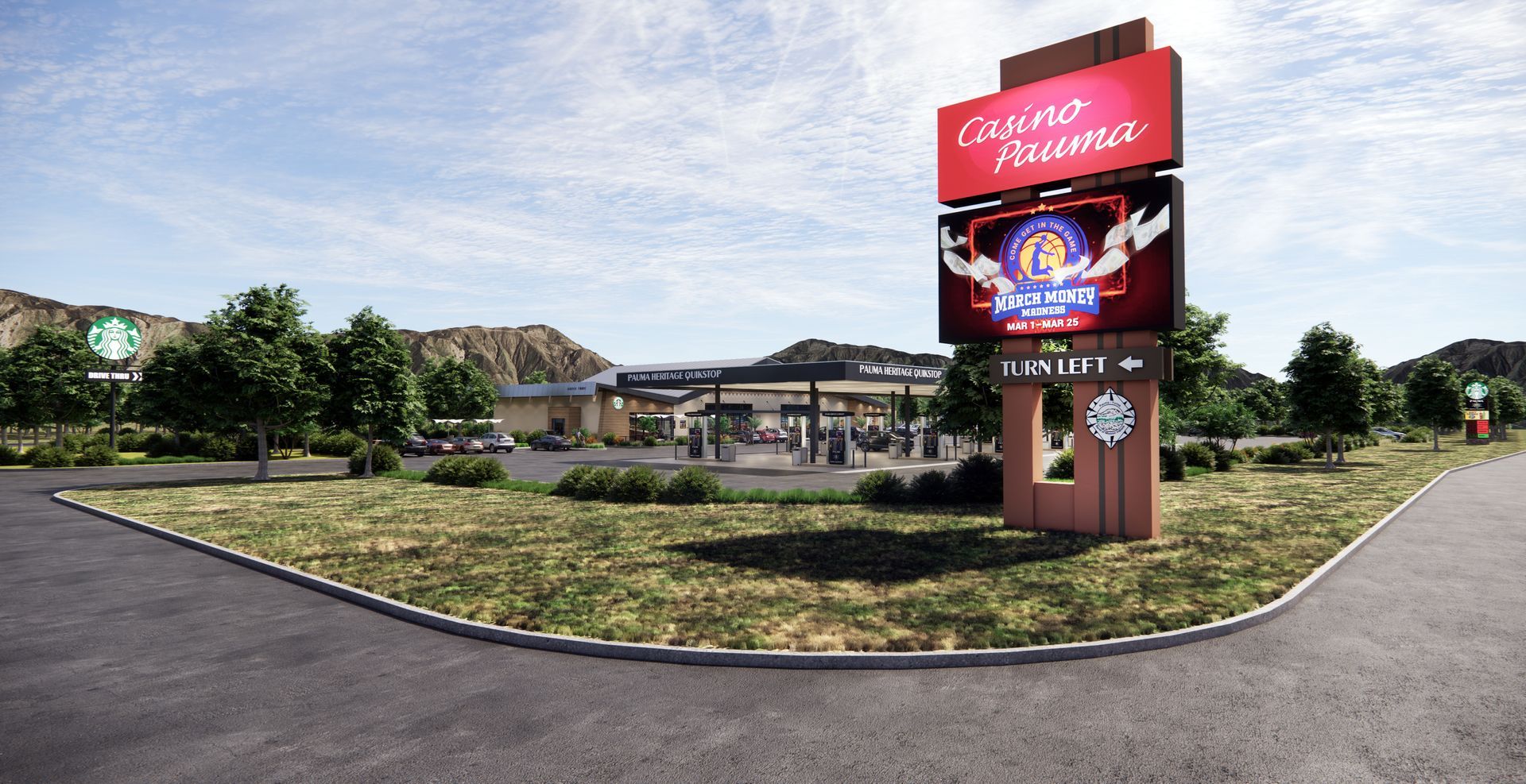 A large red sign is sitting on the side of a road in front of a building.