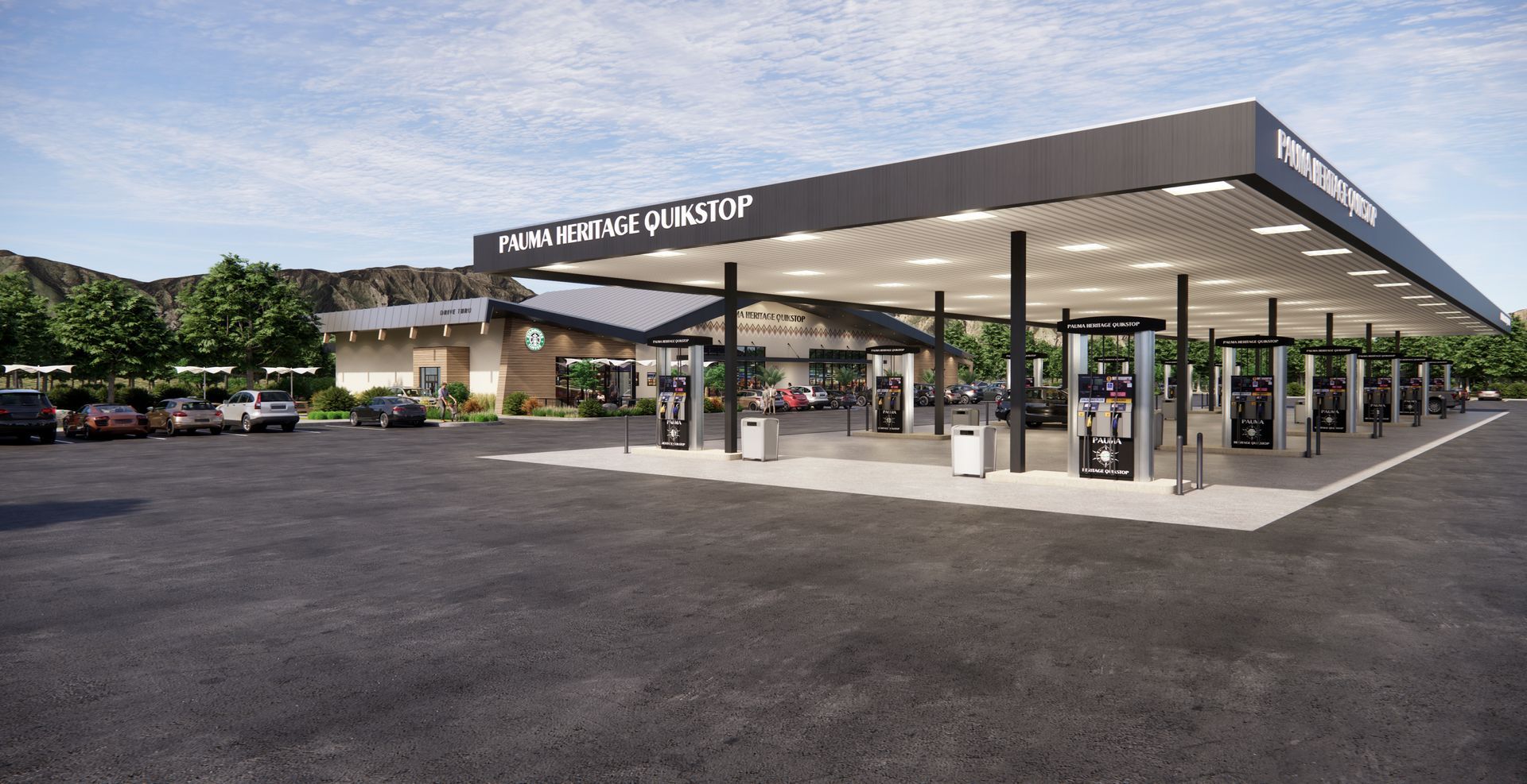 An artist 's impression of a gas station with cars parked in front of it.