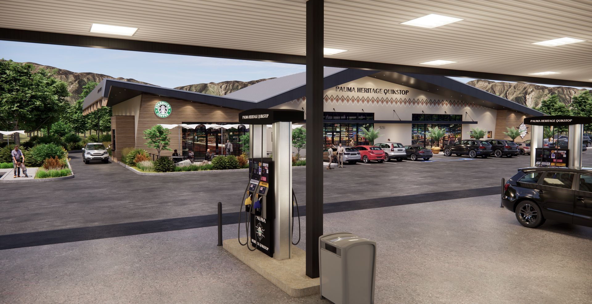 An artist 's impression of a gas station with cars parked in front of it.