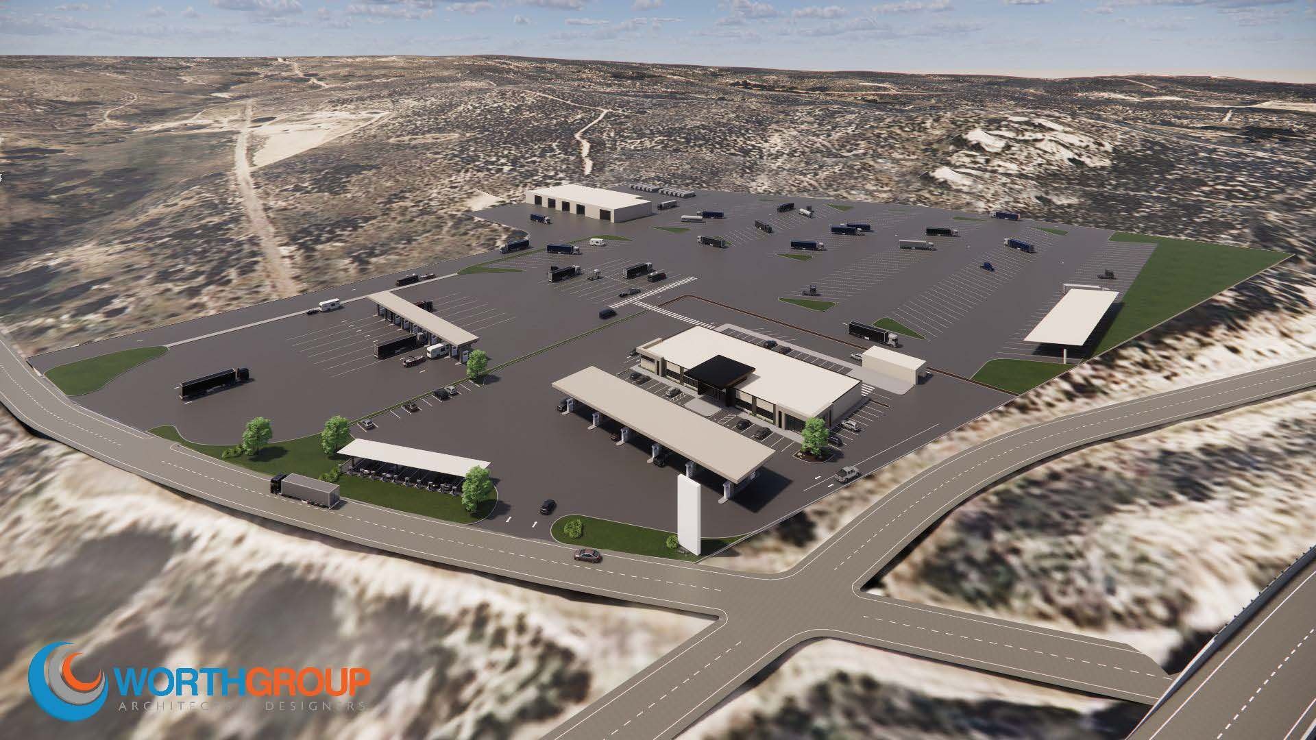 An aerial view of a large parking lot in the desert