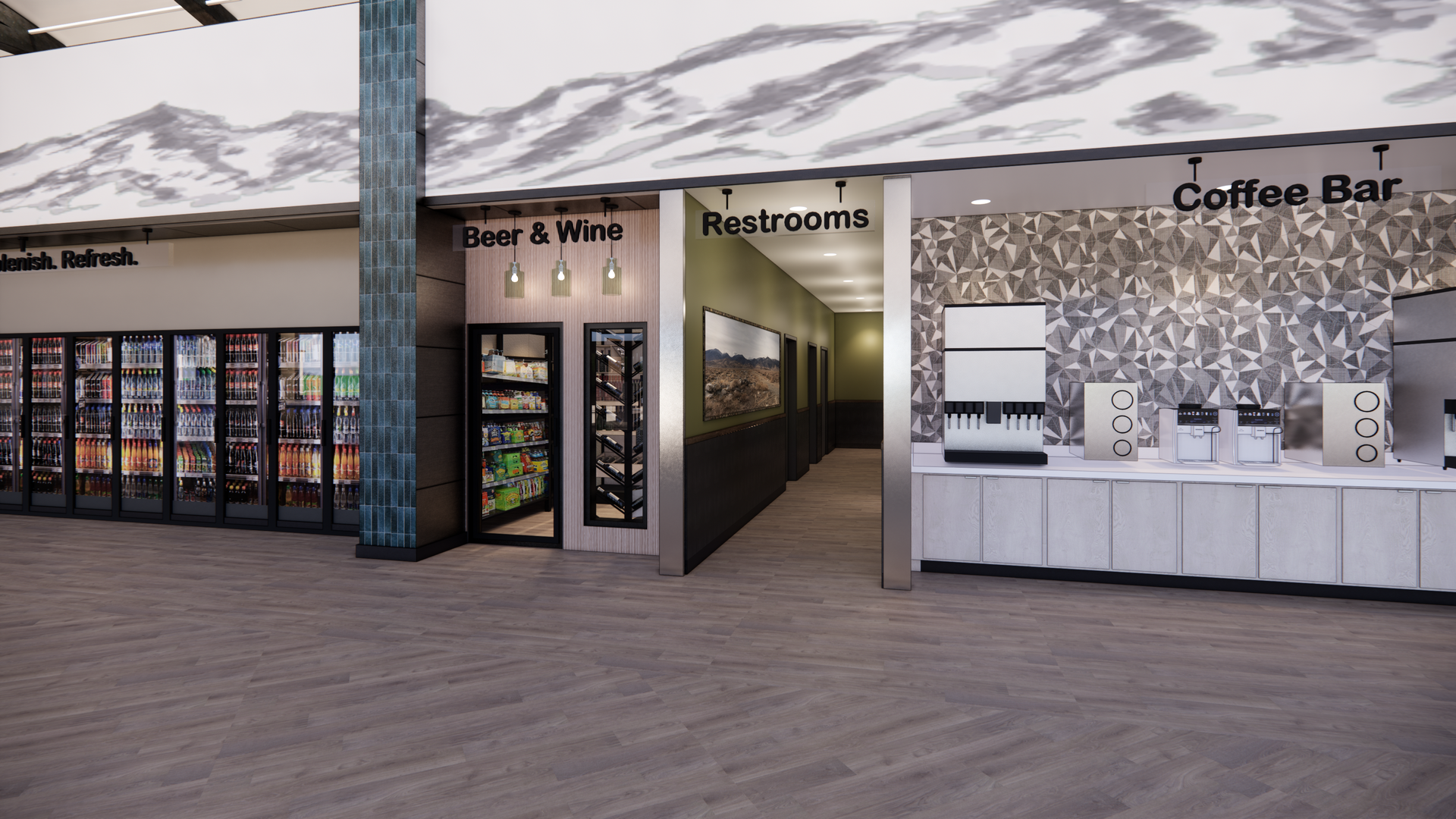 An artist 's impression of a restaurant with a coffee bar and restrooms.