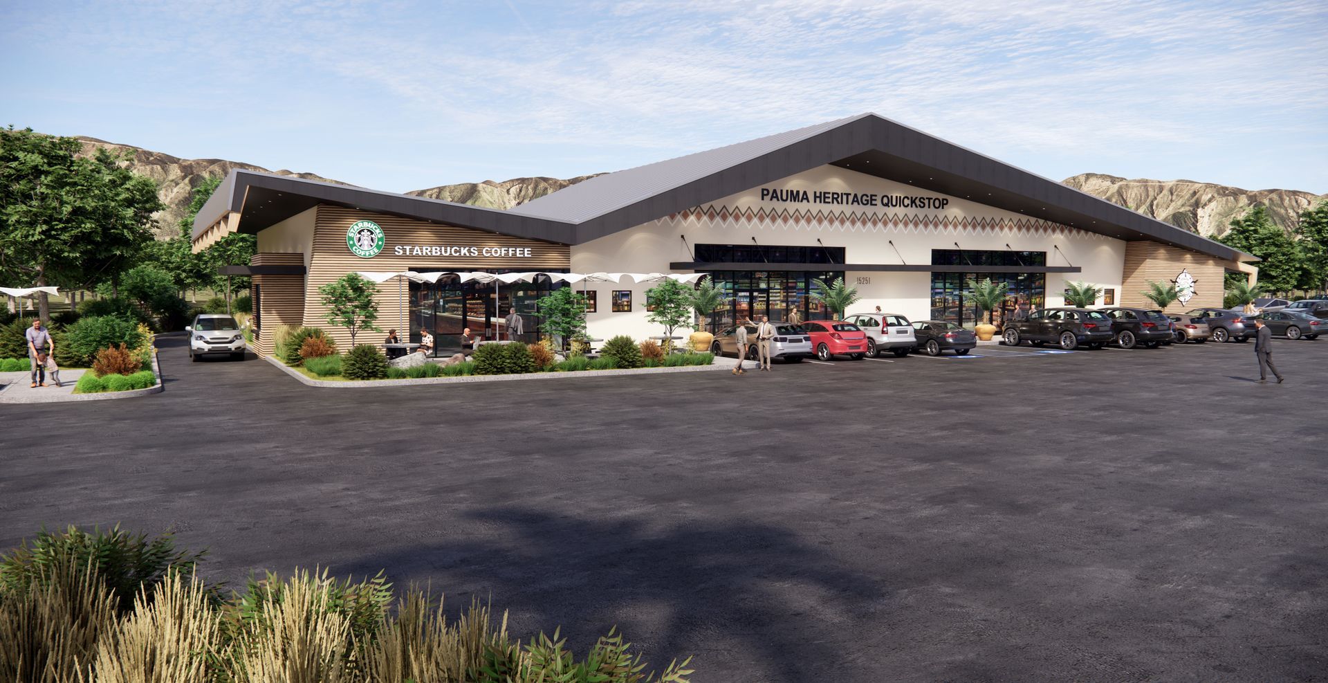 A large building with a lot of cars parked in front of it.