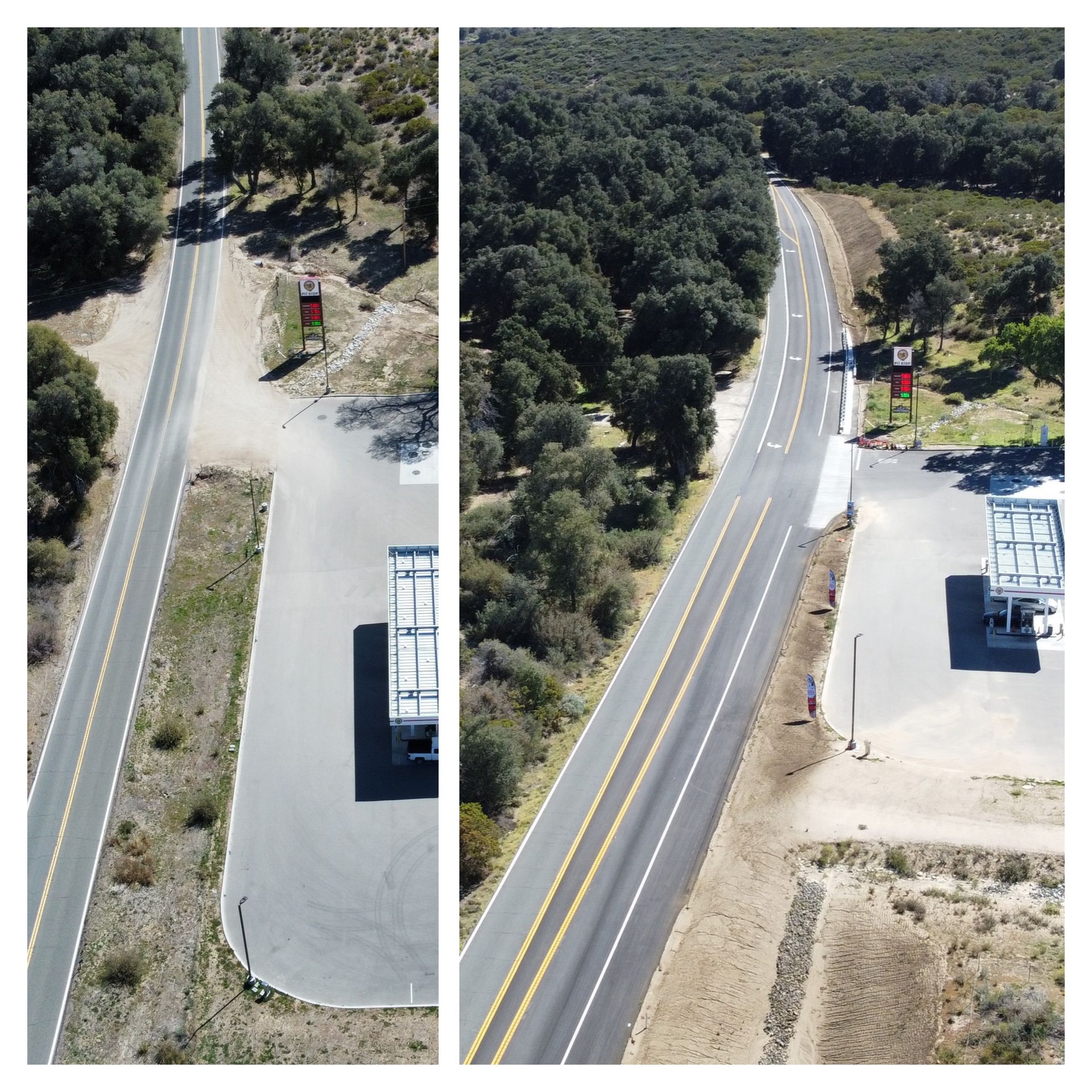 An aerial view of a highway and a gas station