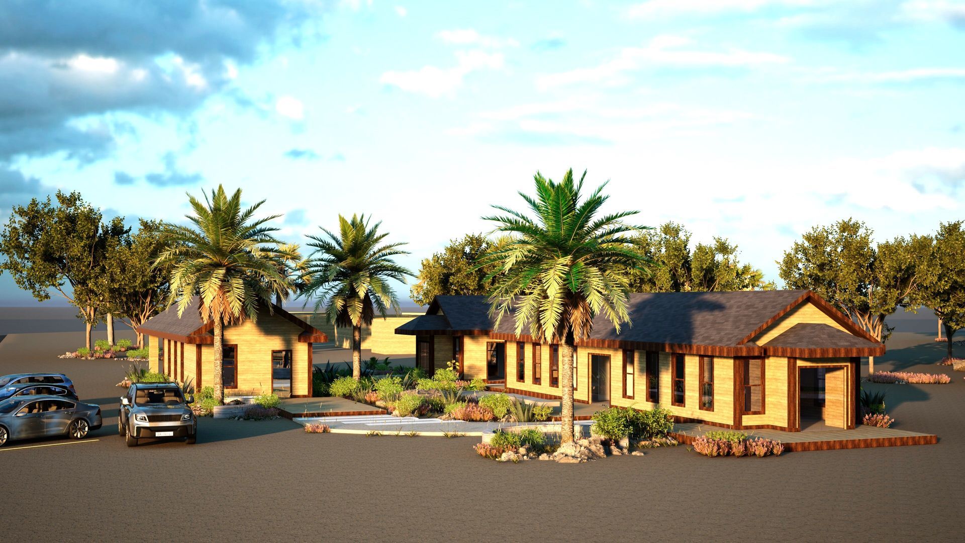 A group of houses with palm trees and cars parked in front of them