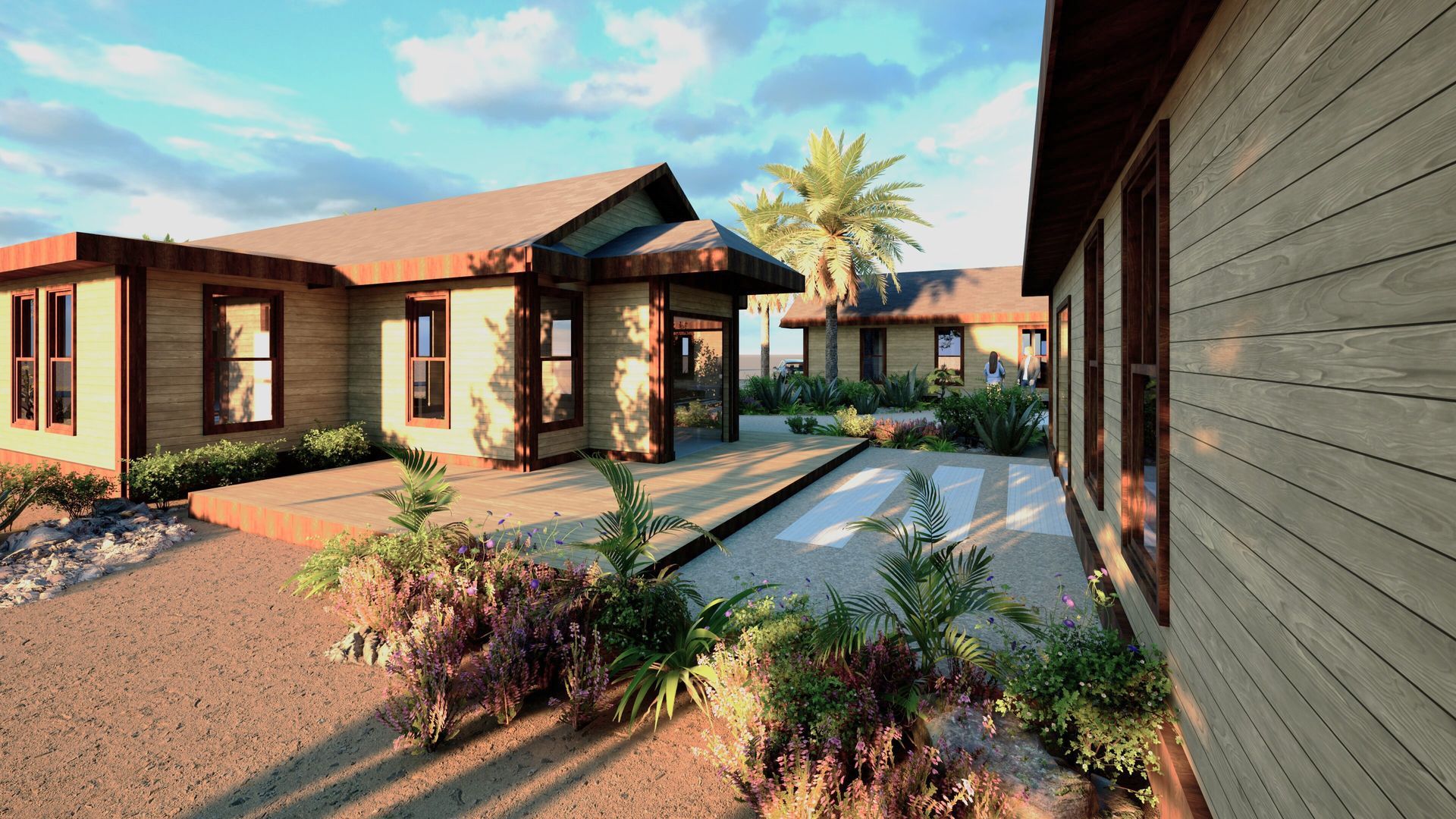 A rendering of a house in the desert with a palm tree in the background.