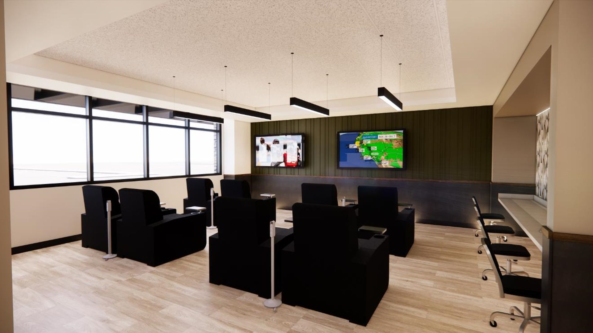 A room with a lot of chairs and a television on the wall.