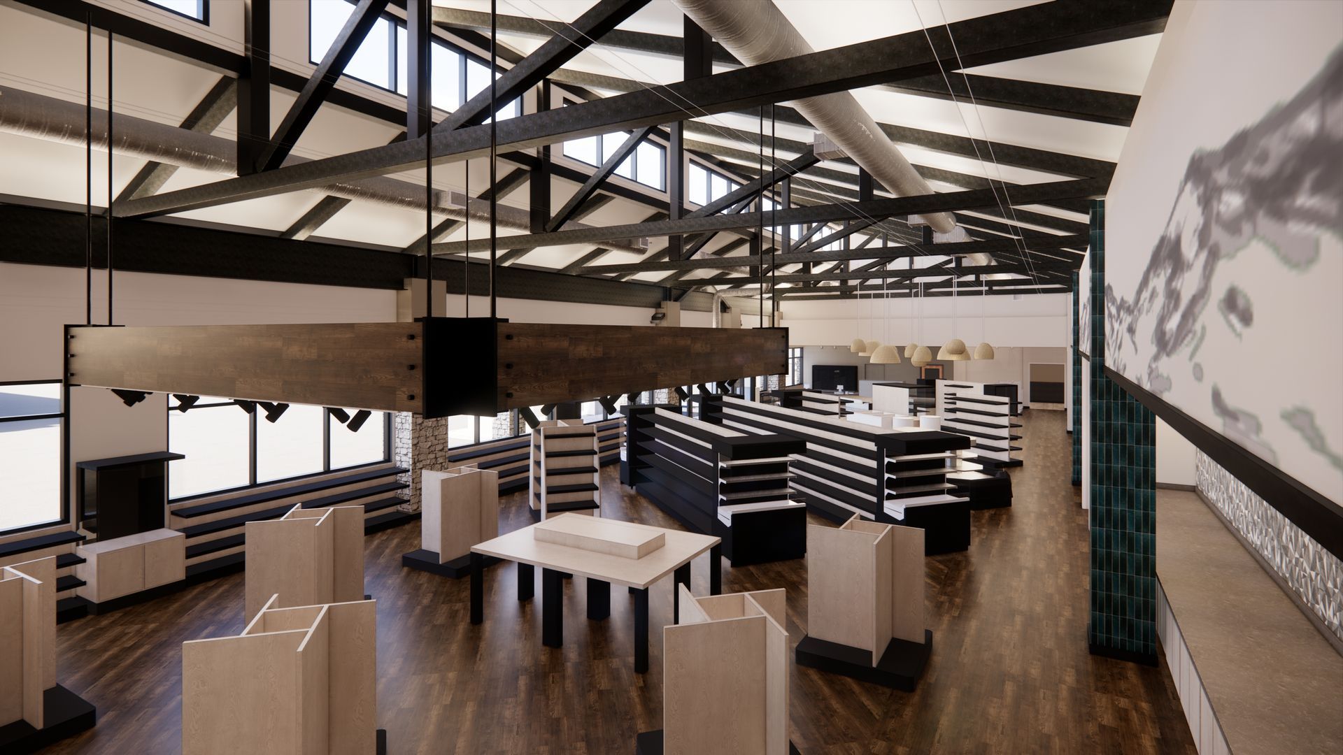 An artist 's impression of a large room with a lot of furniture.