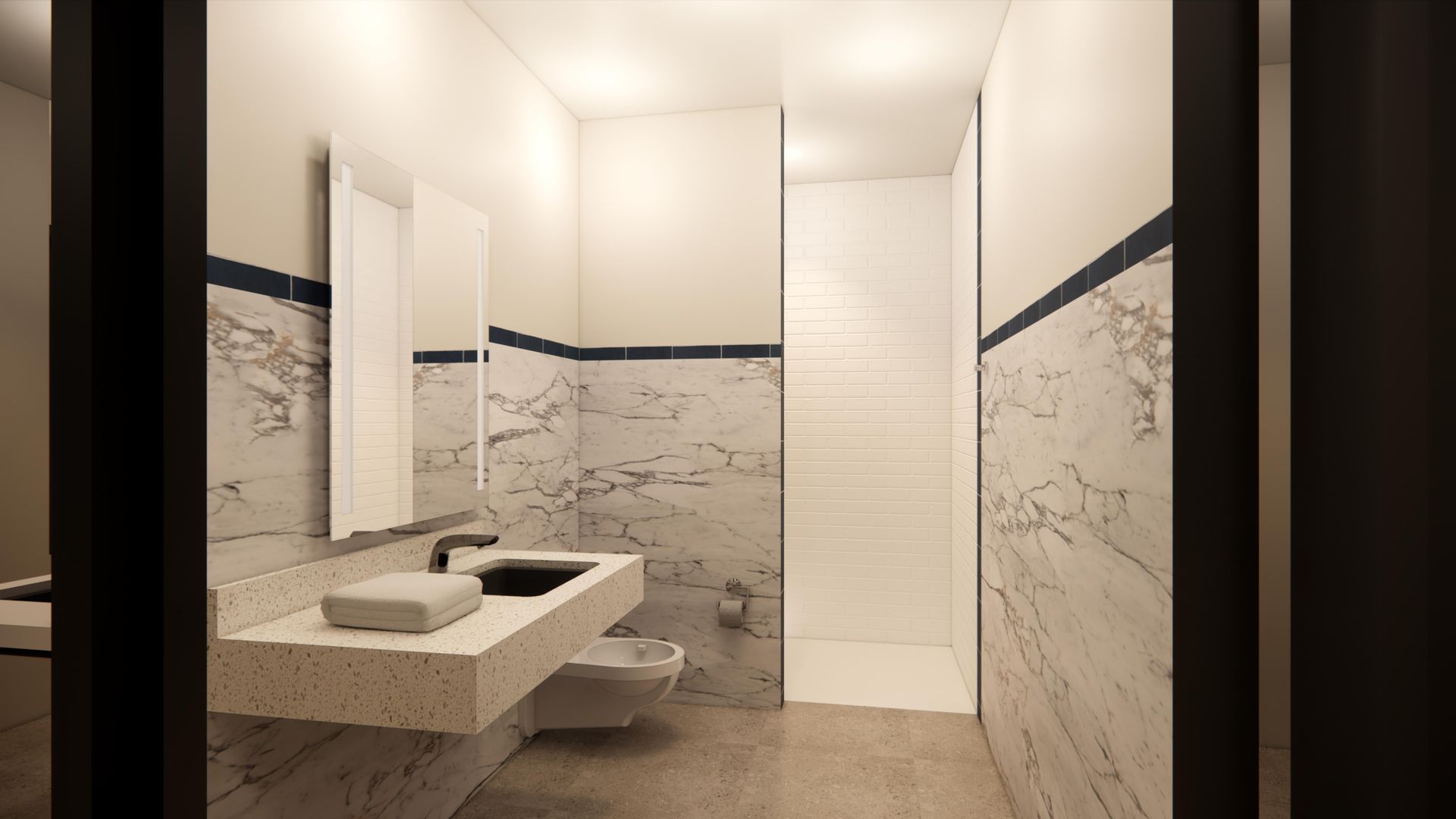 A bathroom with two sinks , a mirror and a walk in shower.