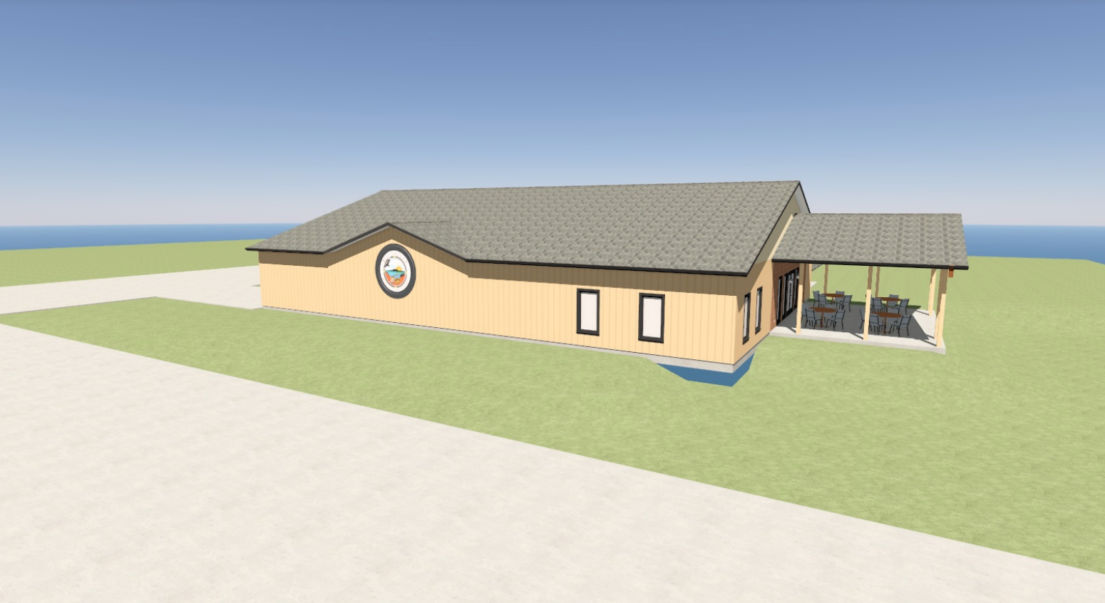 A 3d model of a house with a porch and a clock on the side.