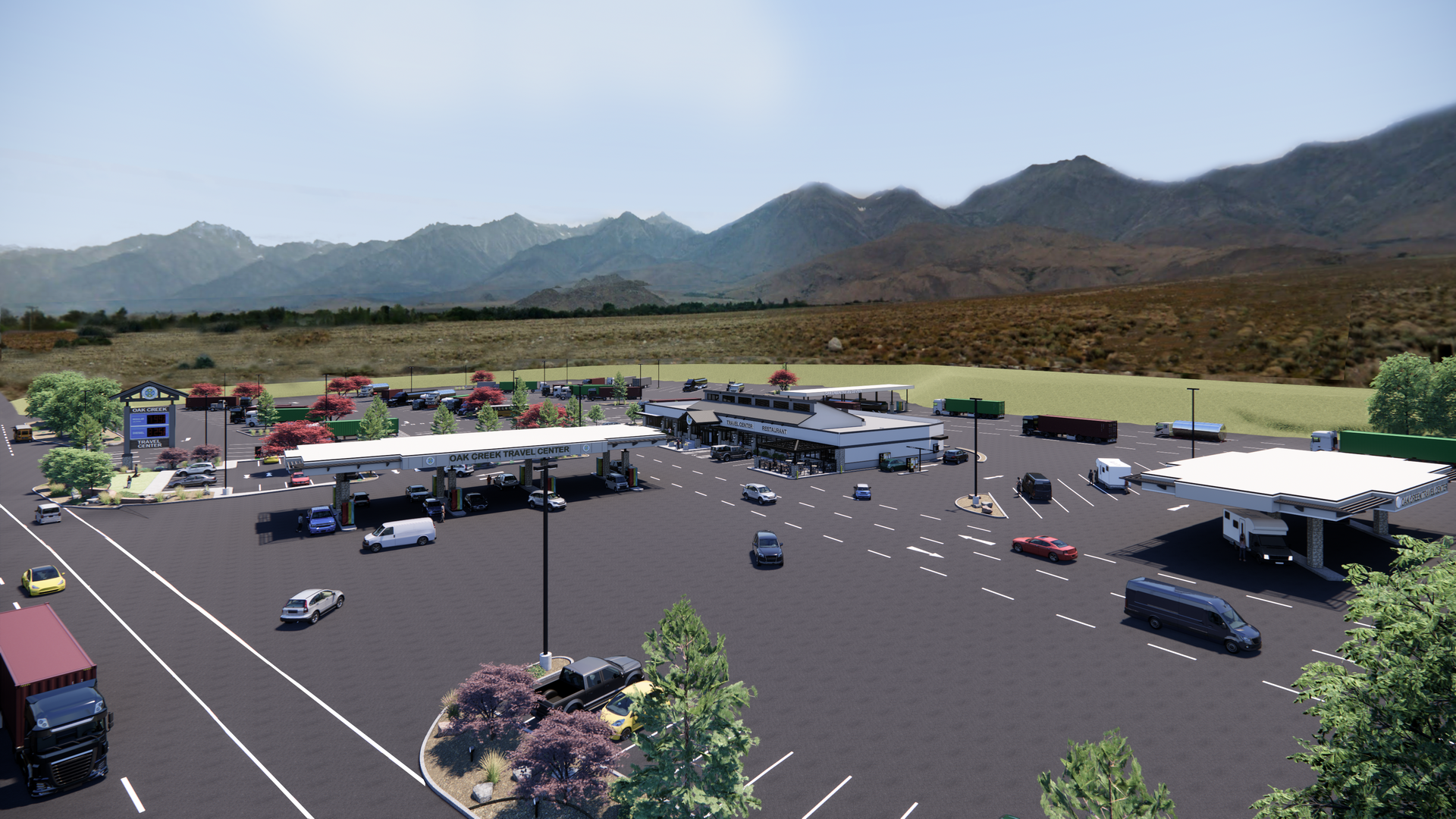 An artist 's impression of a gas station with mountains in the background.