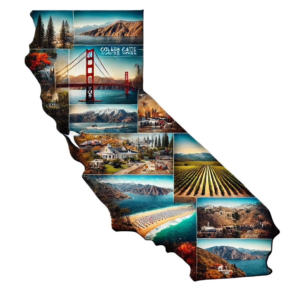 A collage of pictures of california in the shape of the state