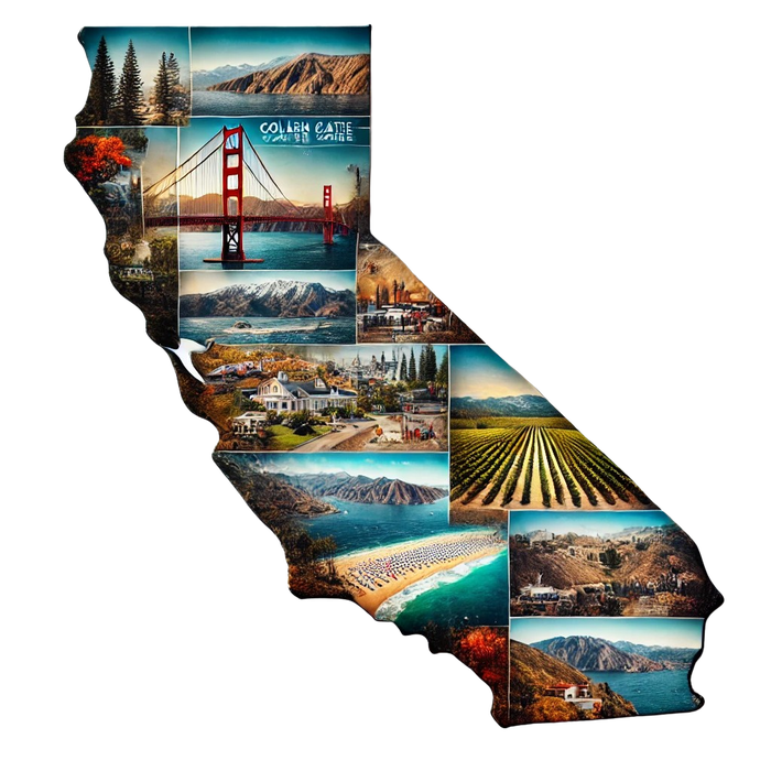 A collage of pictures of california in the shape of the state