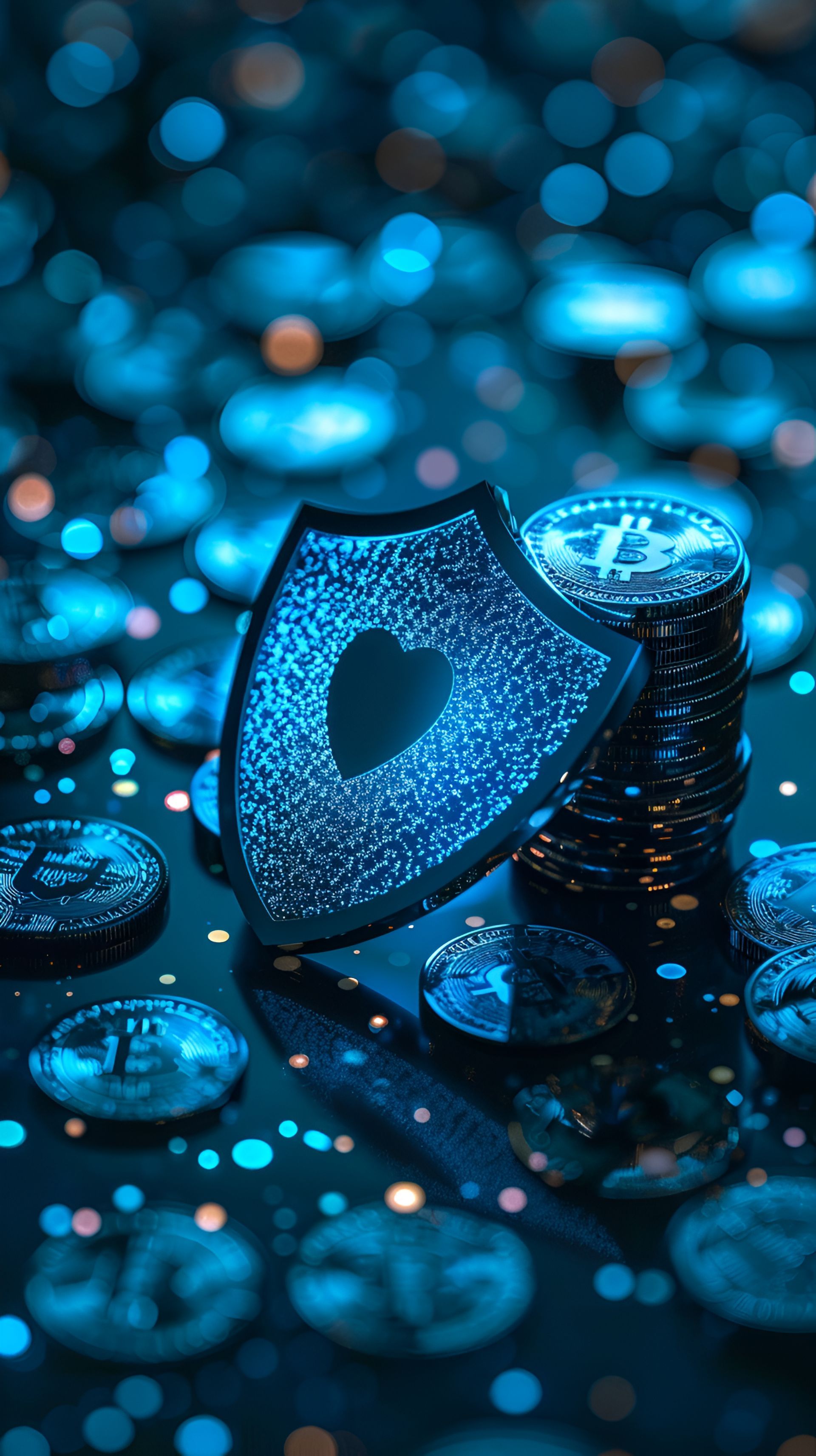Blue shield with a heart, stacked coins, and scattered coins on a dark surface, glowing with blue light.