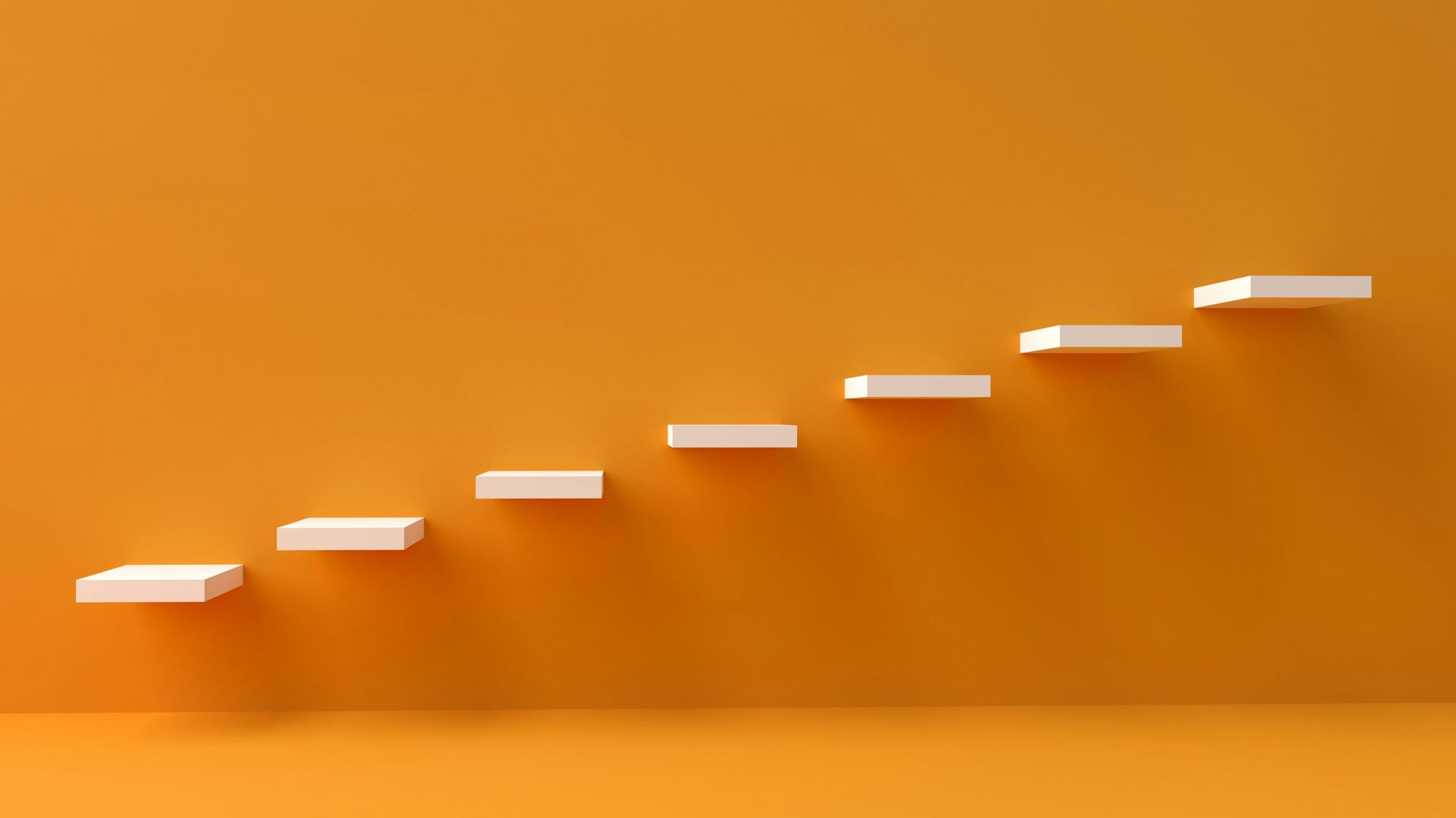 White floating steps ascend on an orange wall, casting shadows.