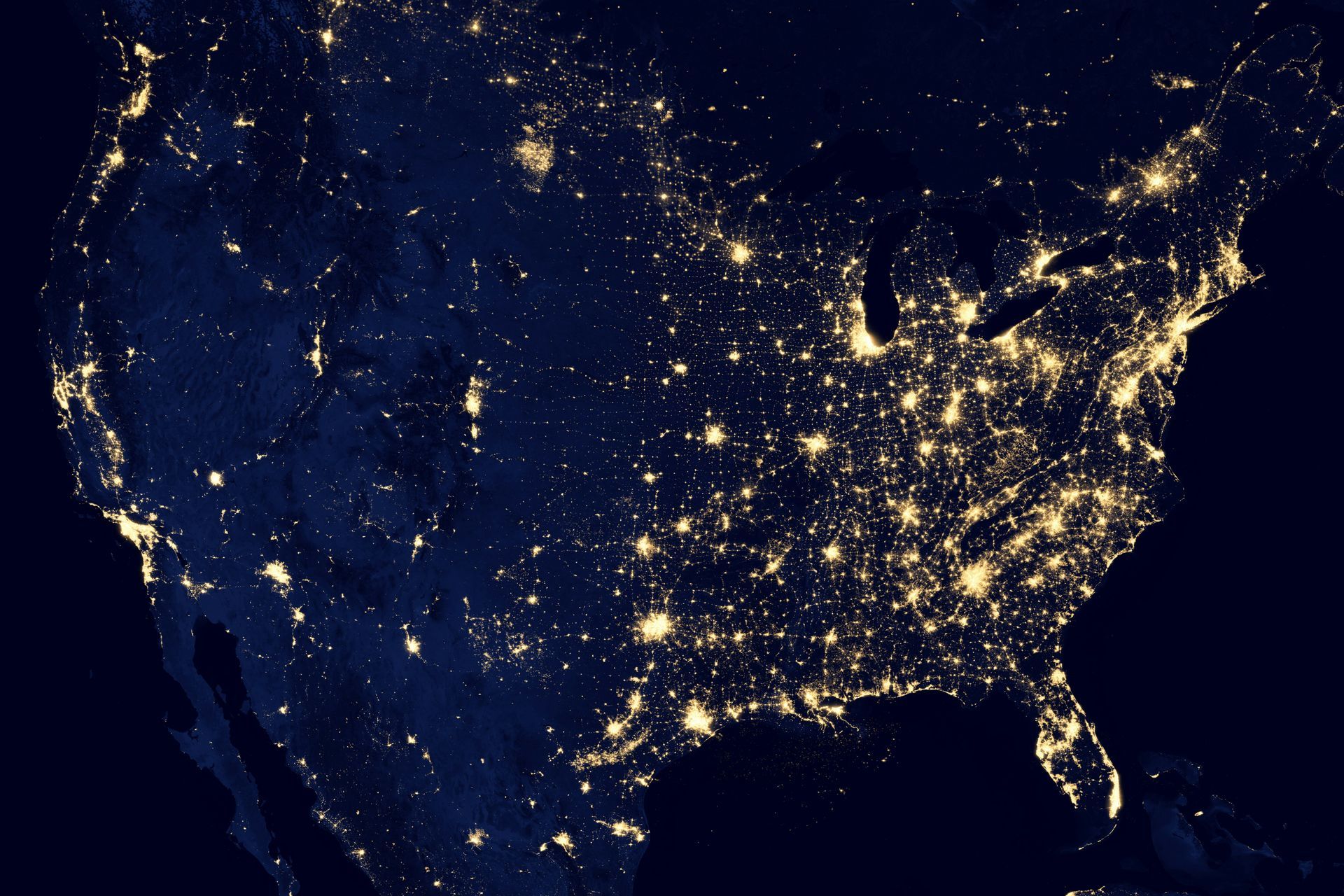 Nighttime satellite view of the United States and Mexico
