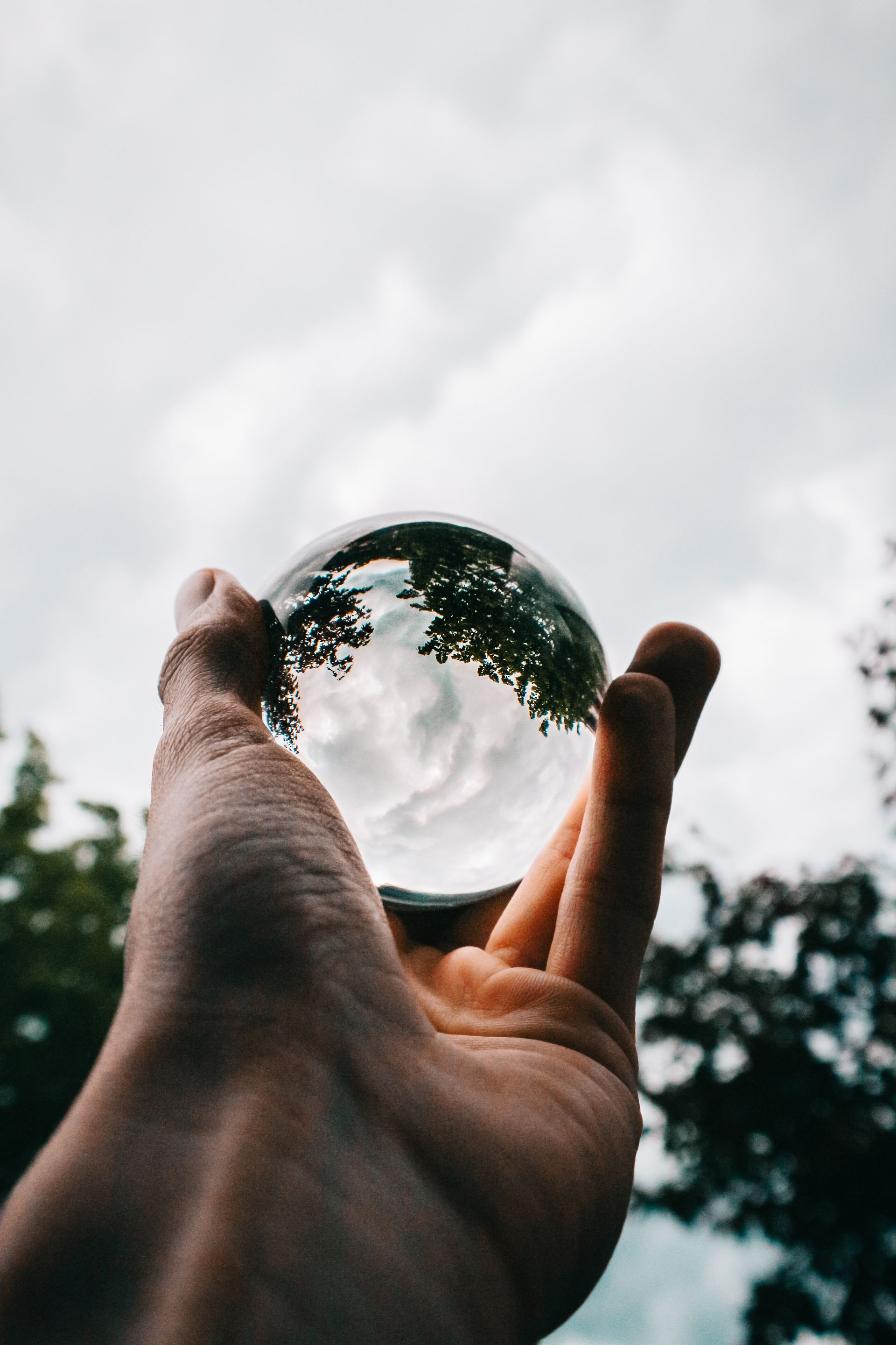 Hand holding a clear glass orb, reflecting a cloudy sky and trees.