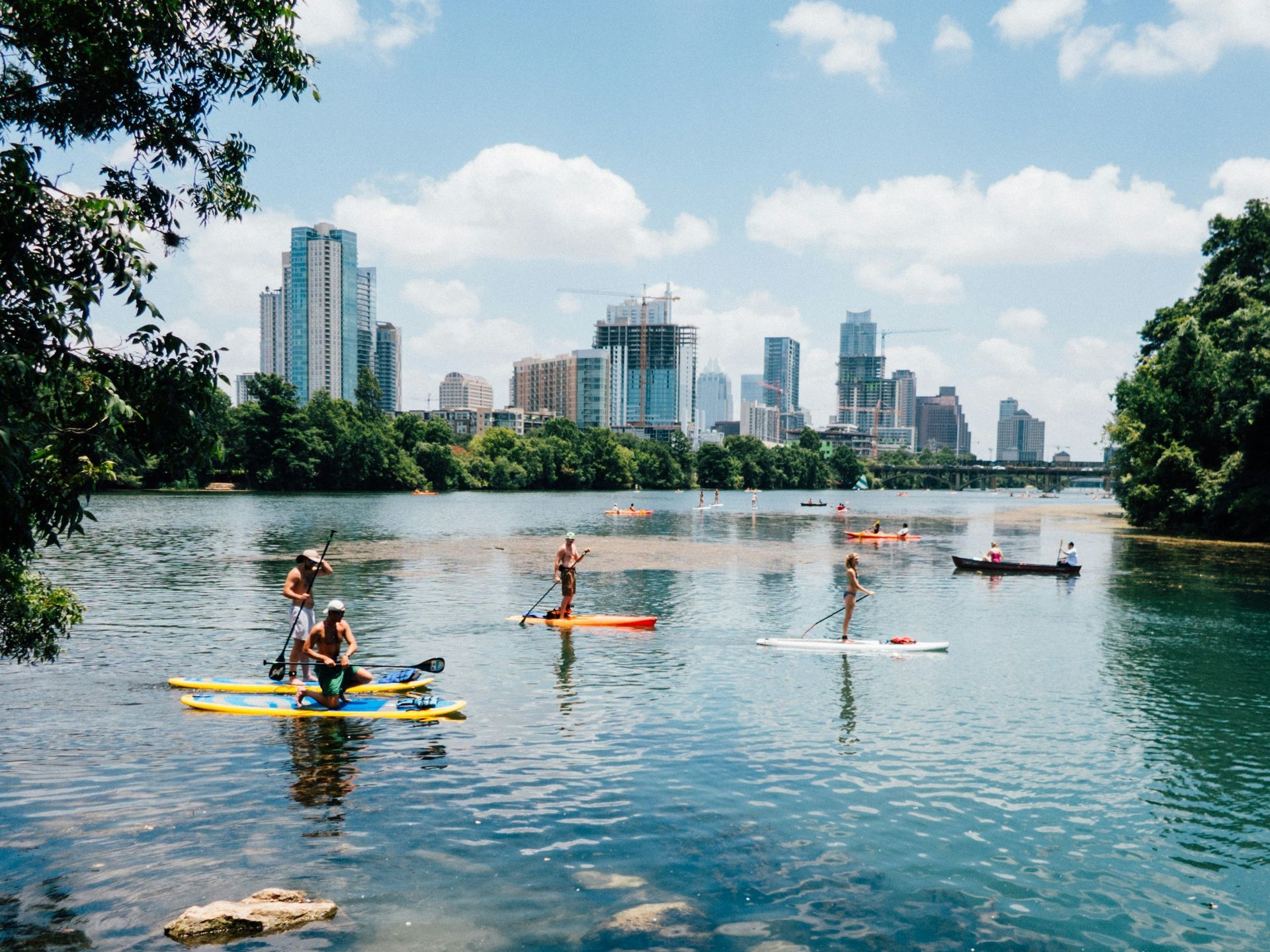 People paddleboarding on a river with a city skyline in the background. Bright sunny day.
