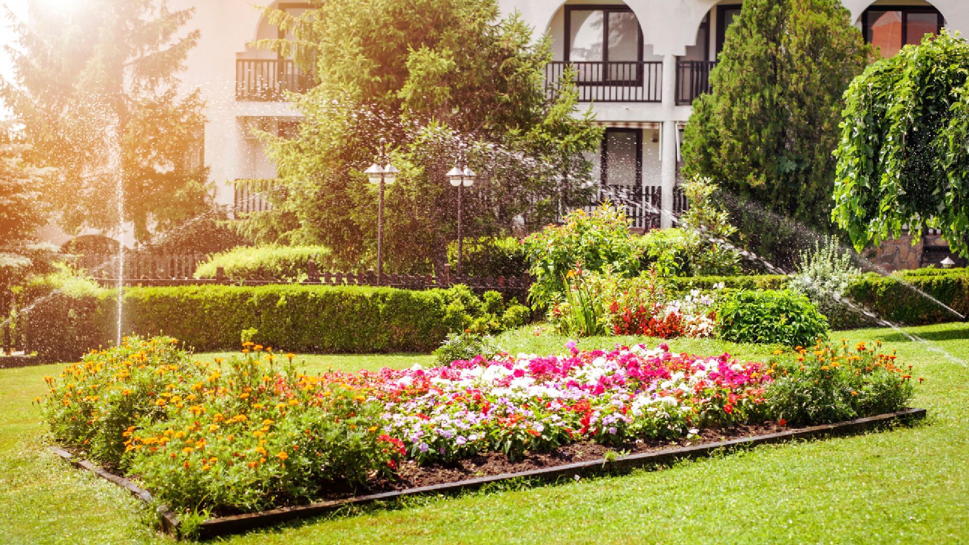 A garden with flowers and sprinklers in front of a house.