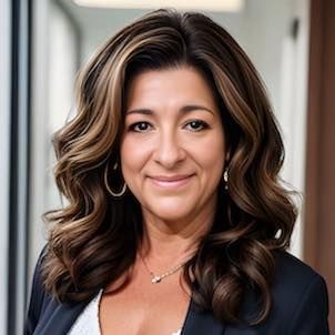A professional headshot of a person with wavy, highlighted brown hair wearing a dark blazer and a necklace.