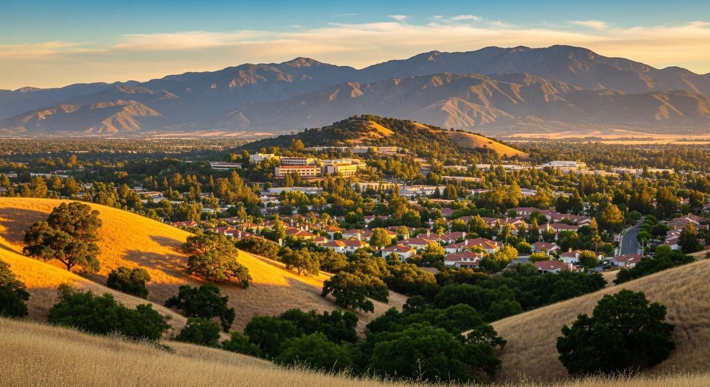Sunlit rural valley with rolling golden hills, scattered homes, and mountains in the distance