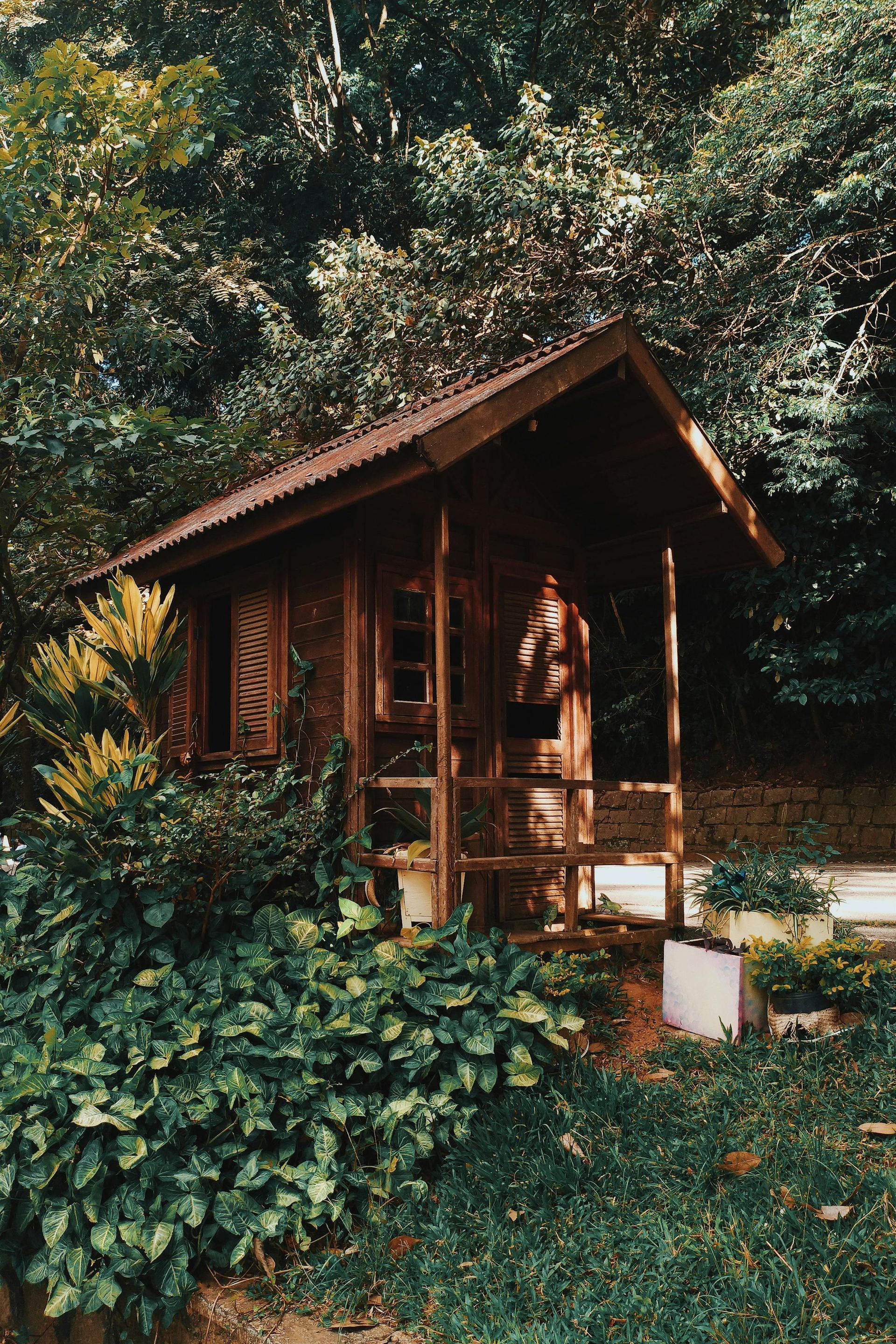 A small wooden cabin with a peaked roof stands nestled in a lush, green wooded setting.