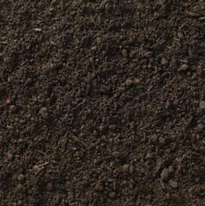 A close-up, top-down view of dark brown, textured soil or potting mix with small bits of organic matter.